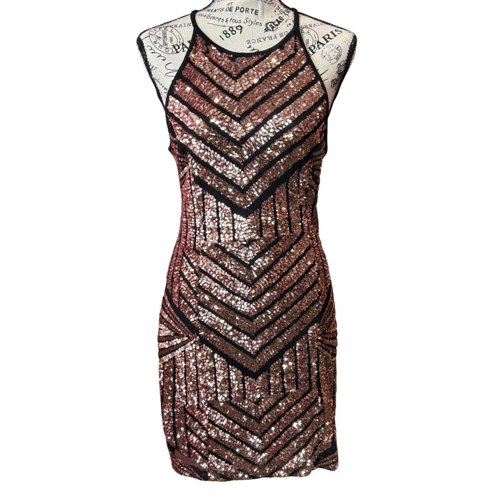 Lovely Day Rose Gold Sequin Chevron Halter Mini Dress Black JD7614 Womens Large